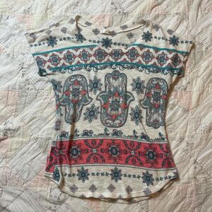 vintage y2k stretchy trippy boho hamsa knit feminine cut t shirt size small